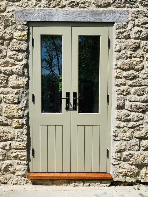 Bespoke timber patio doors painted in Dulux 12B21 Moorland Green with Anvil black avon ironmongery. #timberdoors #patiodoors #painteddoors #bespoke Dulux Moorland, Timber Patio, Natural Paint Colors, Green Exterior House Colors, Garage Door Colors, Door Colour, Exterior Color Palette, House Colour, Exterior House Color