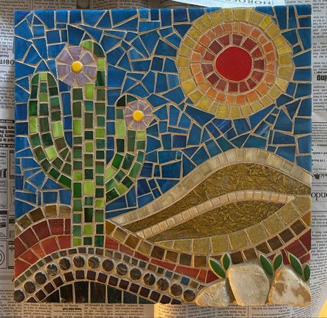 Mosaic Desert Scene, Mexican Mosaic Art Patterns, Backyard Mosaic, Cactus Mosaic, Mosaic Cactus, Desert Mosaic, Mosaic Designs Pattern, Mosaic Landscapes, Mosaic Trees