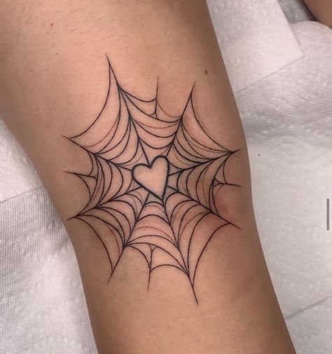 Love Your Madness Tattoo, Spider Web Neck Tattoos Women, Spider Web Tattoo Women, Tattoo Ideas Marvel, Easy Thigh Tattoos, Spiderweb Heart Tattoo, Spiderweb Elbow Tattoo, Around The Elbow Tattoo, Heart Spiderweb Tattoo