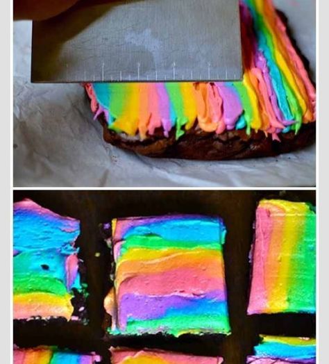 Rainbow brownies Neon Icing, Rainbow Brownies, Brownie Decoration, Decorated Brownies, Brownie Cookies, Cookie Art, Rainbow Cake, Food Art, Brownies