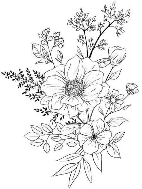 Pretty Flower Drawing, Wildflower Drawing, Nature Tattoo Sleeve, Easy Flower Drawings, Fabric Painting Techniques, Flower Drawings, Flower Drawing Design, Detailed Coloring Pages, Easy Flower