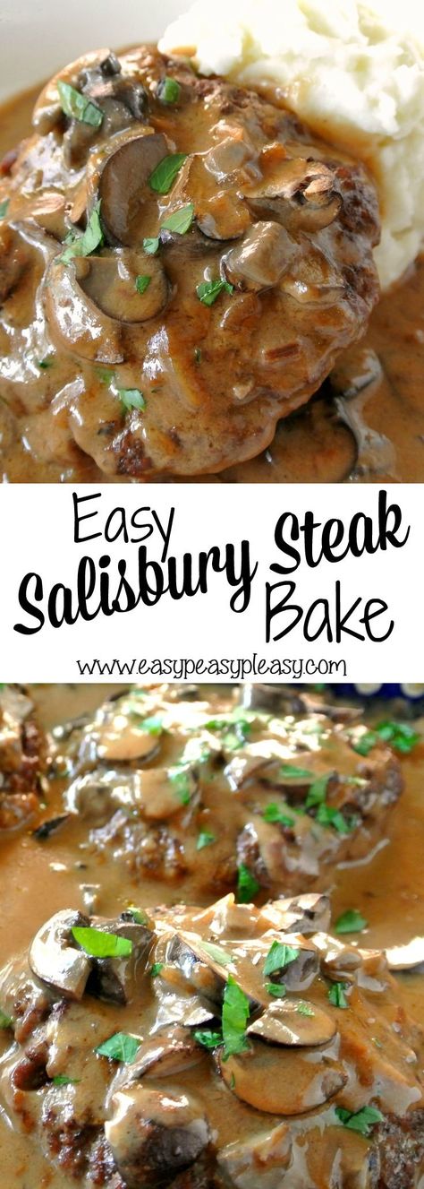 Why stand over the stove when you can let the oven do the work for you! Checkout this easy and oh so delicious way to bake Salisbury Steak! Salisbury Steak Recipe Oven, Baked Salisbury Steak Recipe, Steak Bake, Steak With Mushrooms, Easy Salisbury Steak, Salisbury Steak Recipe, Baked Steak, Cube Steak Recipes, Salisbury Steak Recipes