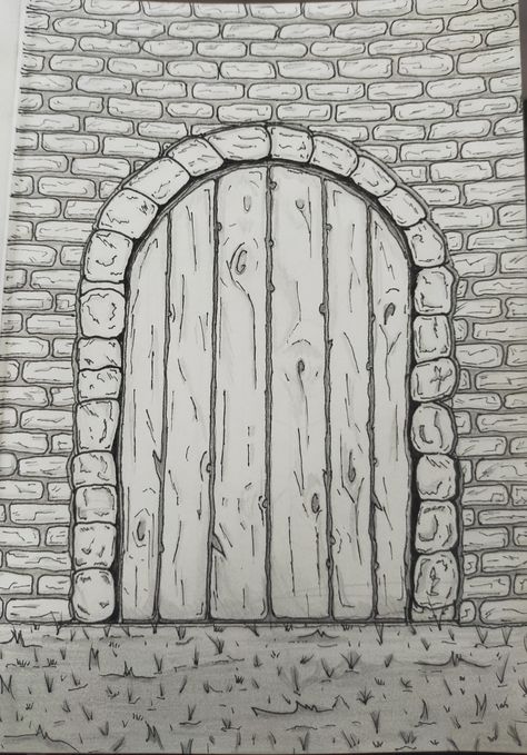 Wooden door with rocks around the door, within a brick wall. Made with pencil and fineliners 0.1 Wooden Door Drawing, Brick Wall Drawing, Door Drawing, A Brick Wall, Brick Wall Background, Wall Drawing, Sketch Ideas, Bedroom Doors, Simple Doodles