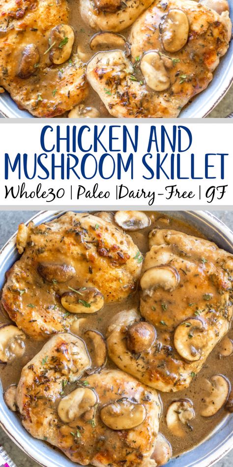 This easy chicken thighs and mushroom skillet is a 30 minute one pan meal that's ideal for busy weeknights! It's full of flavor from a creamy, rich gravy, while still being Whole30, paleo, gluten-free, and dairy-free! There's only a few simple ingredients which makes this dish come together quickly, and it's great for a healthy meal prep recipe because it reheats incredibly well. This is a family-friendly recipe everyone will love! #onepan #whole30chicken #chickenthighs #mushroomrecipes #... Chicken And Mushroom Skillet, Easy Chicken Thighs, Chicken Recipes Dairy Free, Mushroom Skillet, Whole 30 Chicken Recipes, Chicken Thighs Dinner, Chicken Thighs Mushrooms, Df Recipes, Crockpot Chicken Thighs