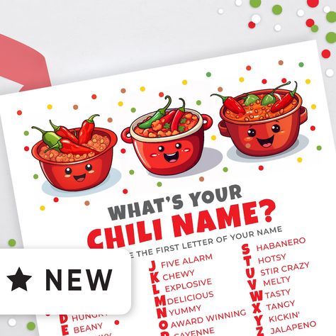 Looking for a fun game for your chili cook off, chili fundraiser, chili competition, office chili party, or chili themed party?  Your guests will LOVE this hilarious chili name generator. Everyone will have a blast creating names like Habanero Gut Buster, Beany Buck Wild, and Five Alarm Dawg.  If you don't like the names on the sheet this game is fully editable!  You can add any funny chili names you like. Included with your purchase is the 8.5x11" name generator sheet and printable name tags 2x Funny Chili Cook Off Names, Chili Names Creative, Chilli Cookoff Themes Party Ideas, Chili Names, Chili Cook Off Ideas, Chili Competition, Chilli Cookoff, Gut Buster, Chili Party