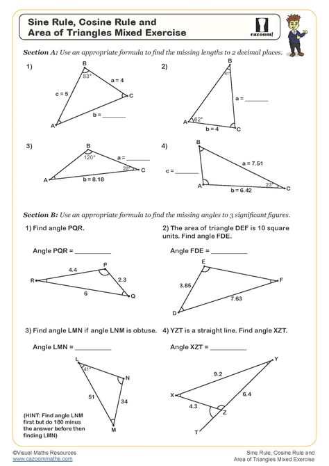 The Cosine Rule Worksheet Solving Problems, Trigonometry, Math Worksheet, Questions And Answers, Triangles, Problem Solving, A Table