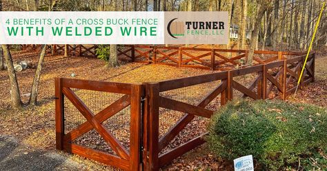 4 Benefits of a Cross Buck Fence With Welded Wire - Turner Fence Crossbuck Fence, Post And Rail Fence, Ranch Fencing, Fence Styles, Rail Fence, Wire Fence, Wooden Cross, Fence Gate, House Projects