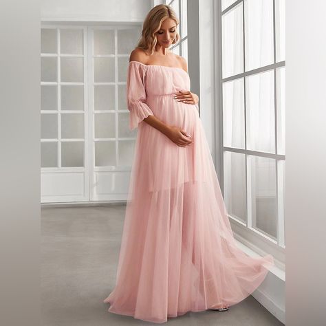 Sheer Off-Shoulder Double Skirt Maxi Maternity Dress Pink Size: 14 Brand New - Still In Bag It Was Shipped In. I Just Decided To Wear Something Different And Missed My Return Window! Vestidos Para Baby Shower, Tulle Maternity Dress, Pink Maternity Dress, Maternity Dresses For Baby Shower, Baby Shower Dress, Maternity Wardrobe, Vestidos Color Rosa, Graduation Outfits, Baby Shower Outfit