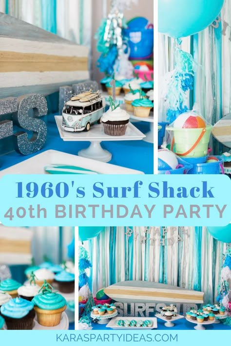 70th Beach Birthday Party, Surf Theme Party Decorations, 60s Beach Party, Surf Theme Party Food, The Big One Surf Birthday Food, Surf Party Food, Surf Shack Party, Party Ideas For Adults Men, Surf Themed Party