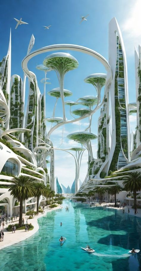 Futuristic Plant City, Future Nature City, Futuristic Eco City, Future Art Illustration, Futuristic Design Architecture, Biopunk City, Nature Futuristic, Solarpunk City, Futuristic Nature