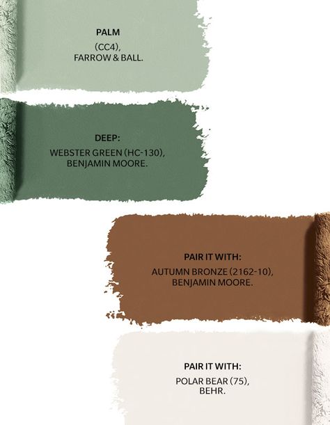 Get the look: Palm (CC4), Farrow & Ball | Deep: Webster Green (HC-130), Benjamin Moore | Pair It With: Autumn Bronze (2162-10), Benjamin Moore | Pair It With: Polar Bear (75), Behr Benjamin Moore Webster Green, Best Green Brown Paint Colors, Green And Brown Paint Palette, Webster Green Benjamin Moore, Best Green Paint Colors Benjamin Moore, Best Earthy Green Paint Colors, Popular Shades Of Green Paint, Victorian Eclectic, Green Ottoman