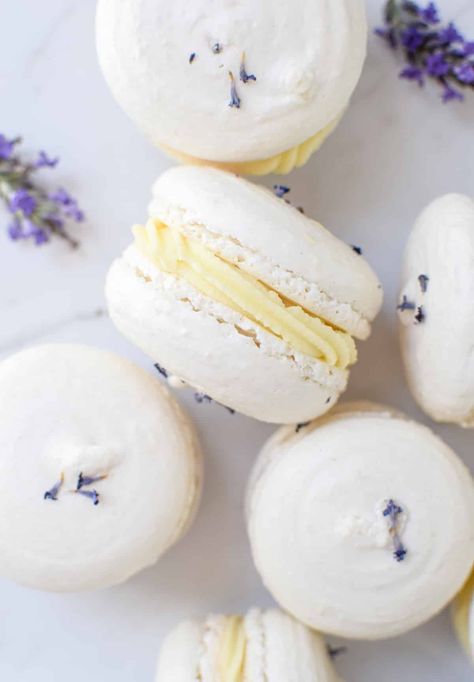 Baking Lavender, Lemon Lavender Dessert Recipes, Lemon White Chocolate Ganache, Lavender Ganache, Lavender Desserts, Lavender Dessert Recipes, Lemon Lavender Cake, Honeycomb Cheesecake, White Macarons