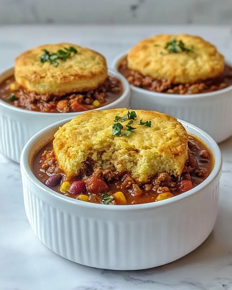 Chili Pot Pie With Cornbread Crust, Chili Pot Pie, Cornbread Crust, Chili Cornbread, Chili Pot, With Cornbread, Chili And Cornbread, Hearty Chili, One Dish Dinners