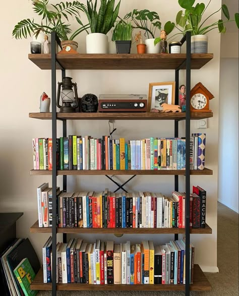 Apartment Bookshelves, Escaping Reality, Mens Bedroom Decor, Bookshelves In Bedroom, Shelf Decor Living Room, Rustic Apartment, Styling Shelves, Bookshelves In Living Room, Home Library Design