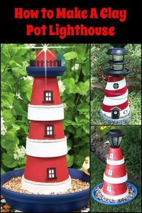 Diy Lighthouse, Clay Pot Lighthouse, Lighthouse Crafts, Terra Cotta Pot Crafts Diy, Lighthouse Decor, Clay Pot Projects, Flower Pot People, Terra Cotta Pot Crafts, Painted Clay Pots