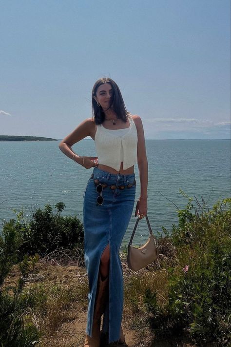 Long Jean Skirt With Cowboy Boots, King Denim Skirt Outfit, Long Jean Skirt Cowboy Boots, Long Denim Skirt And Cowboy Boots, Long Denim Skirt Outfit Cowboy Boots, Denim Halter Top Outfit, Denim Skirt Cowboy Boots Outfit, Skirt And Cowboy Boots Outfit, Rachael Kirkconnell