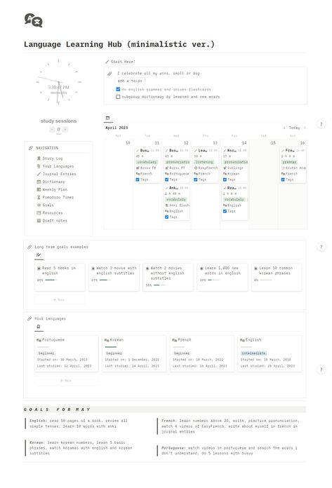 best notion template Notion For Language Learning, Notion Language Learning Template, Learning Language Aesthetic, Notion Moodboard, Minimalistic Notion, Language Learning Template, College Notion, Notion 2024, Notion Study