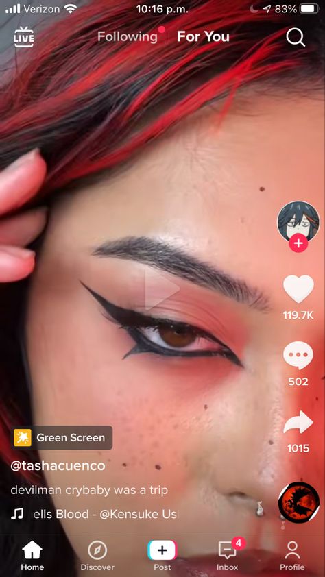 Alt Eyeliner Styles Hooded Eyes, Rave Makeup Hooded Eyes, Akira Eyeliner, Alt Eyeliner For Hooded Eyes, Akira Devilman, Eyeliner Inspiration, Devilman Cry, Baby Makeup, Eyeliner For Hooded Eyes