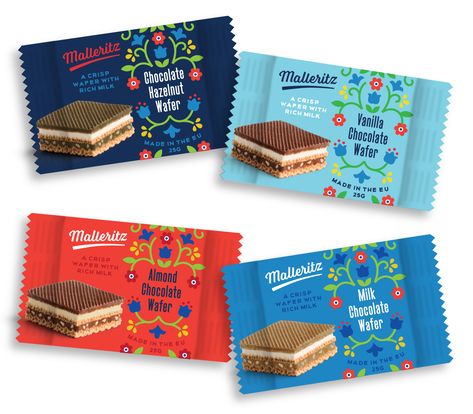 Concept packaging for chocolate wafers in four flavor ways: chocolate, vanilla, milk chocolate, and hazelnut. Illustration in a modern style but with traditional European motifs. Wafer Biscuit Packaging Design, Hazelnut Illustration, Packaging For Chocolate, Wafer Chocolate, Chocolate Rice Cakes, Vanilla Biscuits, Biscuit Packaging, Biscuits Packaging, Chocolate Wafer