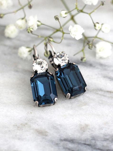 Blue Bridal Earrings, Navy Earrings, Dark Blue Earrings, Blue Sapphire Earrings, Bridesmaids Earrings, Blue Drop Earrings, Blue Bridal, Matching Bracelet, Crystal Set