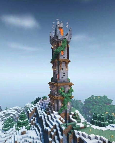 Minecraft Snowy Mountain Builds, Minecraft Lava Castle, Minecraft Tower Base, Snowy Minecraft Builds, Mountain Base Minecraft, Minecraft Mountain Base, Minecraft Mountain Castle, Minecraft Tower, Minecraft Mountain