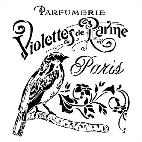 Amazon.com: French Paris Antique Bird Stencil with Flowers by StudioR12 | DIY Vintage Script Ephemera Home Decor & Furniture | Violet Parfumerie | Paint Wood Sign | Mylar Template | Select Size (15 x 15 inch) French Stencil, Cameo Crafts, Caravan Makeover, Vintage Script, Bird Stencil, Coffee Cup Art, French Script, French Paris, Stencil Furniture