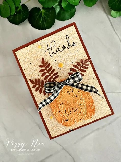 Handmade Pumpkin Thank You card made with the Greetings iof the Season Dies by Stampin\' Up! created by Peggy Noe of Pretty Paper Cards #pumpkincard #thankyoucard #stampinup #peggynoe Simple Card Ideas, Diy Card Ideas, Thankful Pumpkin, Stampin Pretty, Pretty Pumpkins, Pumpkin Cards, Kit Ideas, Su Cards, Thanksgiving Cards