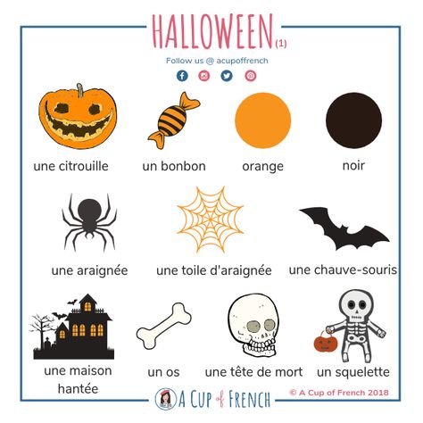 It's Halloween in a few days now! Here's an infographic to learn a few French words on the topic Halloween. French Articles, Learn French Beginner, Cup Of, French For Beginners, French Language Lessons, French Classroom, French Phrases, German Language Learning, French Vocabulary