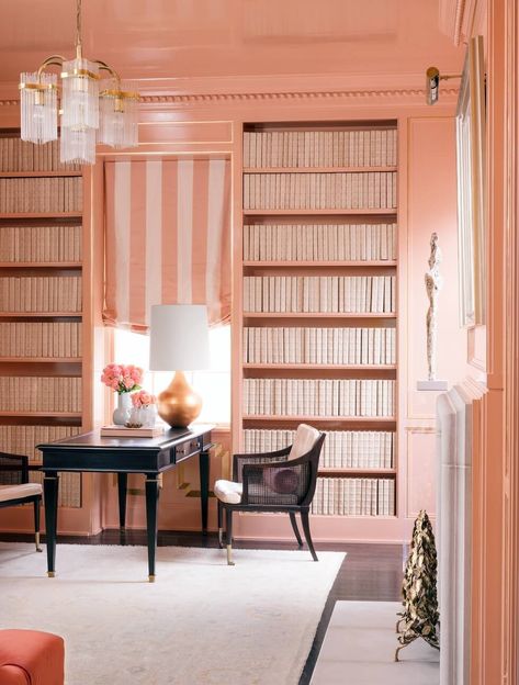 Sherbet colored ladies library with black accents Melanie Turner, Melanie Turner Interiors, Veranda Magazine, Pastel Room, Atlanta Homes, Hall Design, Custom Sofa, Pink Room, Pink Decor