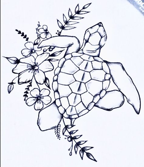 Hawaiian Turtle Drawing, Floral Sea Turtle Tattoo, Turtle Tattoo With Flower, Sea Turtle Drawing Sketches, Sea Turtle Sketch, Turtle Line Art, Cool Animal Tattoos, Ocean Theme Tattoos, Small Dope Tattoos