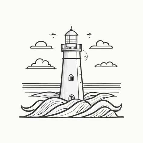 Lighthouse vector illustration line art | Premium Vector #Freepik #vector #color #background #line #white Light House Template Free Printable, Landscape Line Drawing, Sunday School Classroom Decor, Lighthouse Drawing, Illustration Line Art, Sunday School Classroom, Bible Crafts, Light House, Color Background