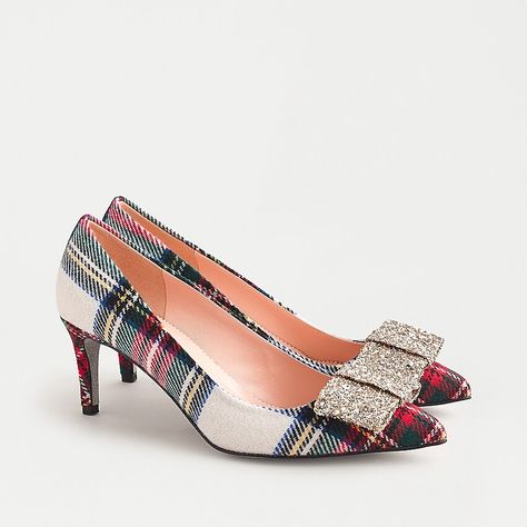 j.crew: colette pumps in snowy stewart tartan with glitter bow detail, right side, view zoomed Red Lace Skirt, Tartan Shoes, Christmas Tartan, Catherine Mcneil, Black Watch Tartan, Stewart Tartan, Tartan Christmas, Shoes Outfit Fashion, Bow Pumps