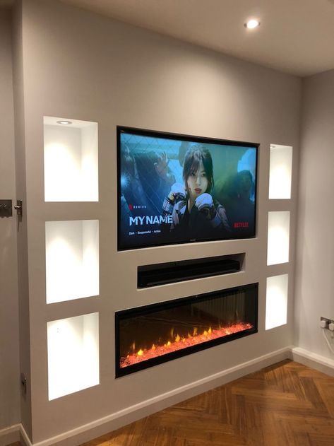 Built In Tv Wall, Tv Media Wall, Tv Wall Unit Designs, Built In Tv Wall Unit, Painting Design Ideas, Media Walls, Inset Fireplace, Rectangular Living Rooms, Feature Wall Living Room