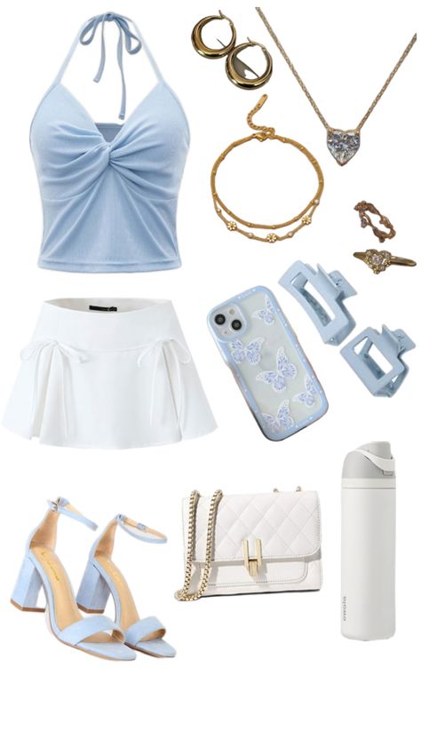 Light blu,gold, and white outfit combo Gold And White Outfit, Blue And White Outfit, Blue And White Outfits, White Outfit, White Outfits, Blue And White, Gold, Blue, White