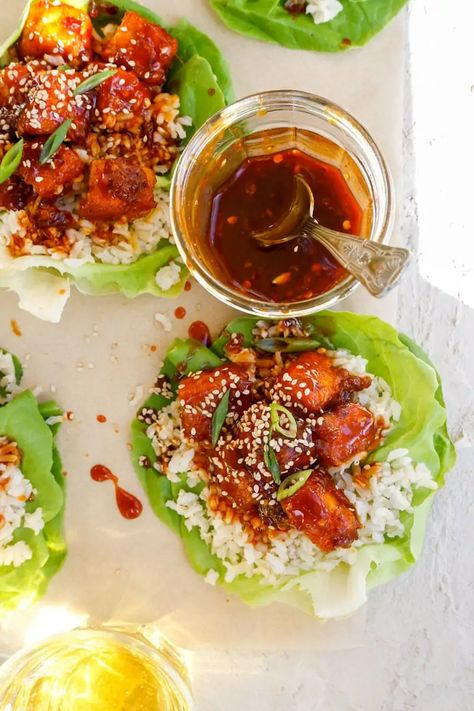 Firecracker Tofu, Lettuce Wrap Sauce, Tofu Lettuce Wraps, Brown Rice Cooking, Firecracker Sauce, Vegan Lettuce Wraps, Vegetarian Lettuce Wraps, Chinese Diet, Vegan Tofu