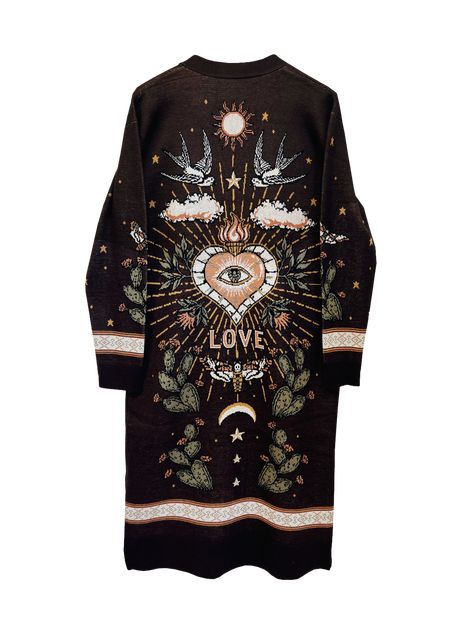 Feel the 'Love' in our soft, dark brown, jacquard knit cardigan. With inspiration taken from Mexican folk art the cardigan is covered with Milagros hearts, angelic clouds, prickly pear cacti and birds. We especially love the cactus and moth detailing running up the arms of the cardigan. Measurements: ⋙⋙ XSmall (6-8) Bust:101cm, Length:110cm ⋙⋙ Small (8-10) Bust:103cm, Length:112cm ⋙⋙ Medium (10-12) Bust:106cm, Length:114cm ⋙⋙ Large (12-14) Bust:109cm, Length:116cm ⋙⋙ X Large (16-18) Bust:112cm, Angelic Clouds, Dress Up Wardrobe, Boho Hippie Chic, Custom Denim, Dusters, Custom Jacket, Art To Wear, Prickly Pear, Heart And Soul