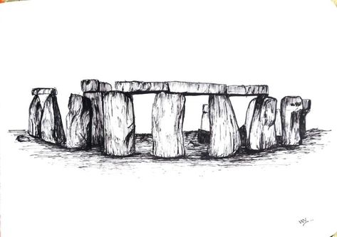 Stone Henge Sketch, Stonehenge Drawing Architecture, Stone Henge Tattoo, Stonehenge Tattoo, Prehistoric Architecture Drawing, Archaeology Illustration, Landmark Drawings, Stonehenge Drawing, Stone Sketch