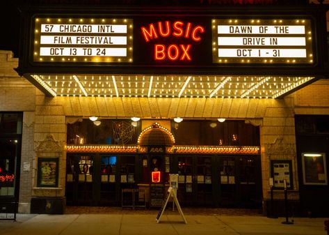 Music Box Tattoo, Music Party Invitations, New Beverly Cinema, Movie Theater Aesthetic, Box Theatre, Box Tattoo, Date Spots, Electronics Poster, Places In Chicago