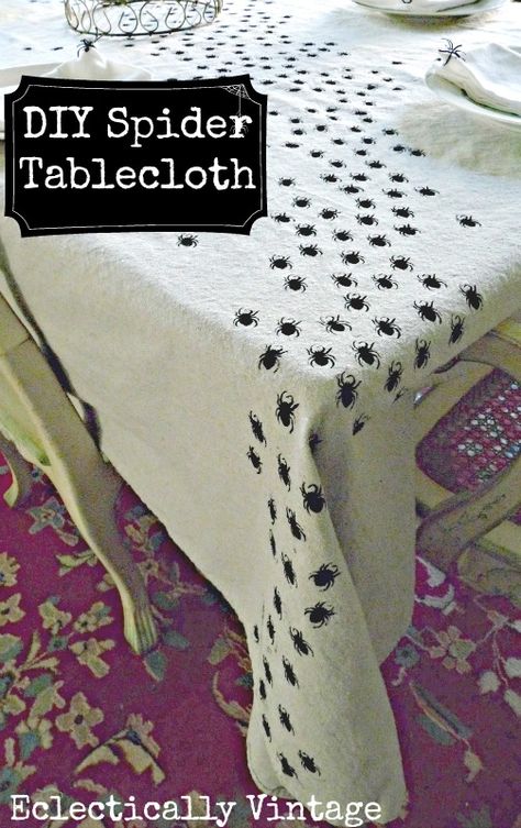 DIY Halloween Swarming Spider Tablecloth - be the hit of your dinner party!  eclecticallyvintage.com Diy Tablecloth, Halloween Party Dinner, Halloween Dinner, Spider Webs, Halloween Decorations Indoor, Theme Halloween, Halloween Table, Halloween 2018, Monster Party