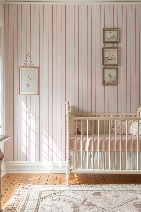 50 Adorable Baby Girl Nursery Styles to Delight Every Parent Pink Gingham Wallpaper Nursery, Pale Pink Nursery Walls, Pink Accent Wall Nursery, Jenny Lind Crib Nursery, Beadboard Nursery, Baby Pink Nursery, Pink Gingham Wallpaper, Jenny Lind Crib, Baby Girl Nursery Ideas