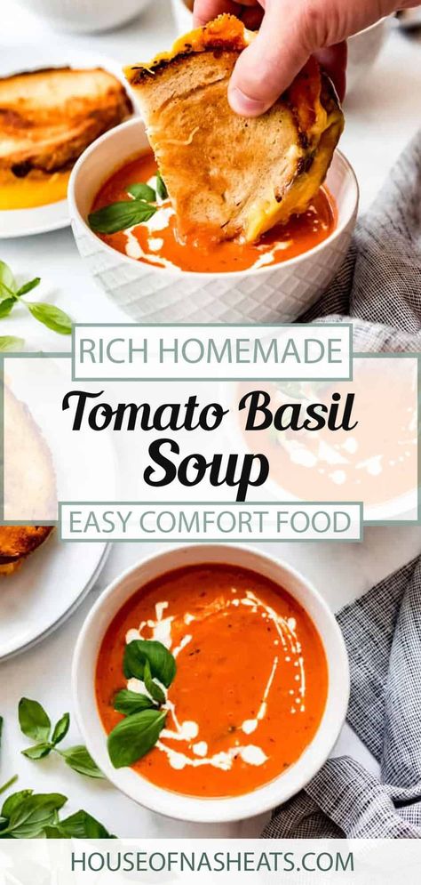 Ready in just an hour, this one pot Tomato Basil soup is bursting with flavor! You can use either fresh or canned tomatoes to whip up this easy, family friendly meal. Serve it with fresh basil and a grilled cheese sandwich on the side for a classic, comforting meal! #tomatosoup #basil #best #homemade #creamy #easy #fromscratch #soup #tomatoes Homemade Tomato Basil Soup, Basil Soup Recipe, Southern Tomato Pie, Tomato Basil Soup Recipe, Roasted Tomato Basil Soup, Dairy Free Soup, Canning Whole Tomatoes, Canned Tomatoes, Basil Soup