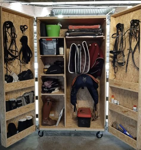 Horse Tack Locker, Tack Locker Plans, Tack Locker Organization, Small Tack Room Organization, Tack Closet, Storage Cupboard Ideas, Diy Cupboard, Tack Locker, Tack Room Organization