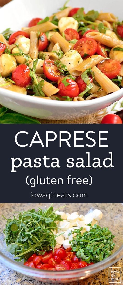 Caprese Pasta Salad is a light and fresh pasta salad recipe that's packed with classic Caprese flavor. Perfect for picnics and potlucks! iowagirleats.com keywords: gluten free pasta salad, gluten free side dish, healthy side dish ideas, summer recipes Pasta Salad Gluten Free, Gluten Free Potluck, Fresh Pasta Salad, Gluten Free Picnic, Salad Gluten Free, Gluten Free Pasta Salad, Gluten Free Easy, Homemade Balsamic Vinaigrette, Caprese Salad Recipe