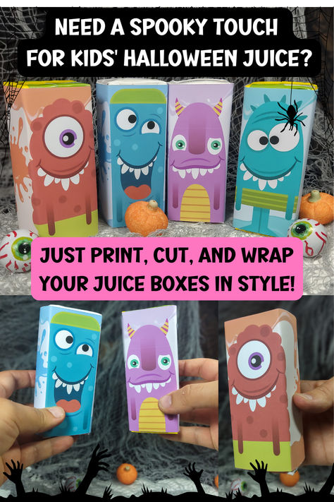 Make Halloween extra fun with these cute juice box wrappers! Perfect for parties, lunchboxes, or spooky family dinners. Just print, wrap, and enjoy! 🎃🧃 Halloween Juice For Kids, Halloween Juice Box Ideas, Halloween Apple Juice Boxes, Ghost Juice Boxes, Halloween Juice Boxes For Kids, Mummy Juice Boxes, Halloween Juice Box, Halloween Juice, Make Halloween