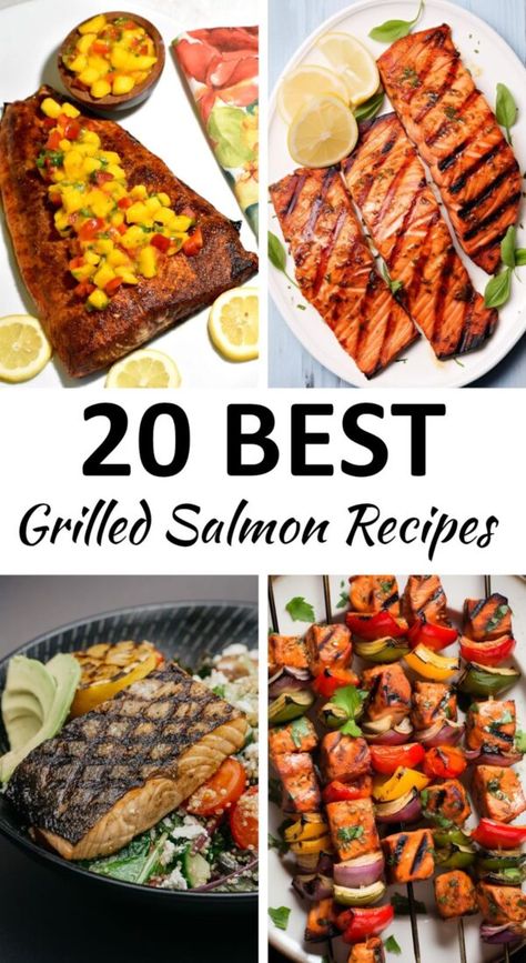 grilled salmon recipes pin Grilled Salmon Dinner, Best Grilled Salmon Recipe, Grilled Salmon Tacos, Salmon In Foil Recipes, Salmon Foil Packets, Grilled Salmon Salad, Salmon Skewers, Garlic Butter Salmon, Grilled Salmon Recipes