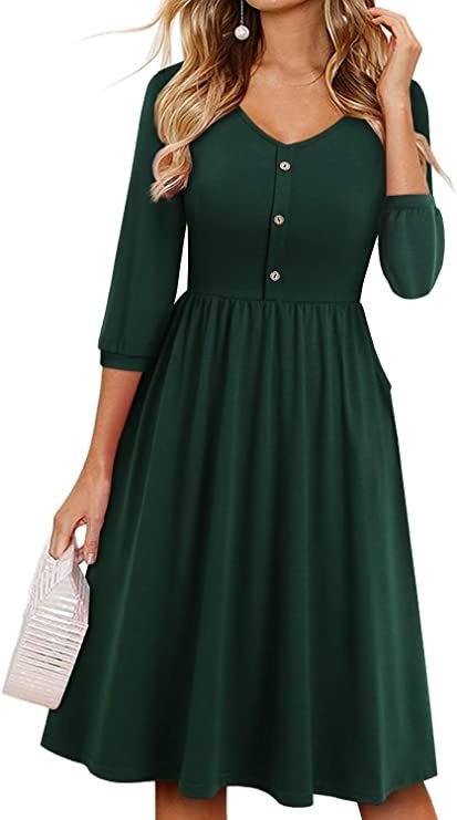 YATHON Fall Dresses for Women 3/4 Balloon Sleeve V Neck Button Down A-Line Casual Dress with Pockets (M, YT097-Dark Green) 4 Balloon, Dress Pockets, Midi Dress Style, Dresses Casual Fall, Dresses Casual Winter, Fall Winter Dresses, Vintage Summer Dresses, Short Sleeve Dress Shirt, Midi Dress Party