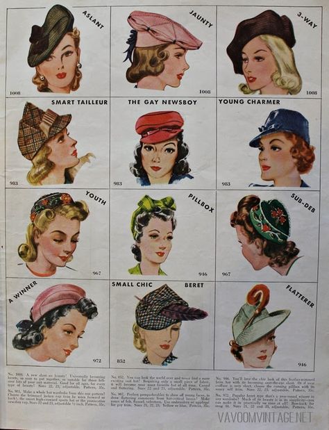 1940s vintage McCalls hat patterns from Va-Voom Vintage with Brittany Retro Hairstyles Tutorial, 1940s Hats, Fashion 1940s, Different Hats, Motif Vintage, 40s Fashion, Retro Mode, Vintage Hats, Couture Vintage