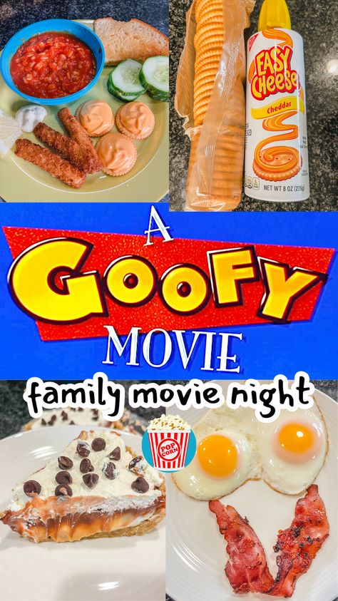 Here's what's on the menu for A Goofy Movie!  For breakfast, we're having Goofy's Shortstacks & Max's Smiley Platter, and for dinner it's The Perfect Cast Fish Sticks and Lester's Possum Pie for dessert!   #familymovienight #disneymovienightdinner #disneymovies #disneyfamilymovienight Goofy Movie Pizza Recipe, Goofy Movie Food, Goofy Movie Party Ideas, Goofy Movie Dinner, Dinner And A Movie Ideas, Themed Movie Night Ideas, Movie Foods, Disney Movie Themed Dinner, Disney Diys