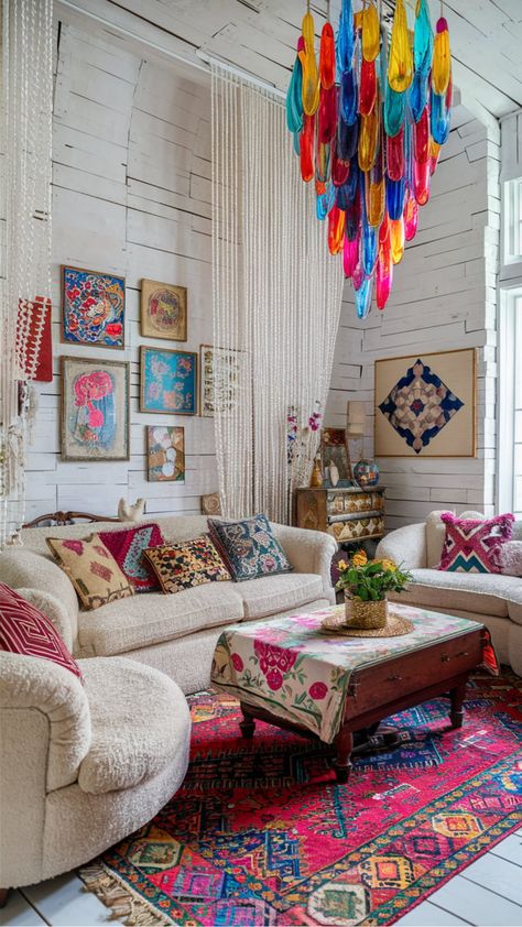 Brightly decorated living room with eclectic art, colorful pillows, vibrant chandelier, and a richly patterned red area rug. Boho Living Room High Ceiling, Peruvian Style Decor, Peruvian Decor Interior Design, Spanish Boho Decor, Whimsical Living Room Decor, Boho Chic Living Room Moroccan Style, Living Room Moroccan Style, Home Decor Ideas Simple, Colorful Boho Living Room