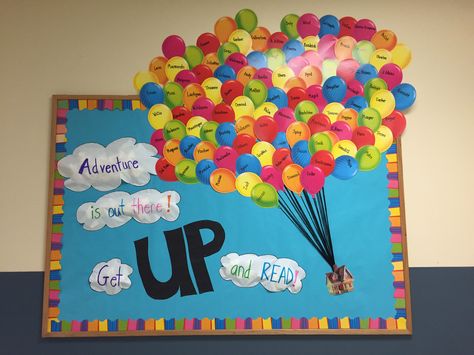 Back to school 2015! It's a Pixar theme at school and here is our UP theme reading challenge board! Each teacher and administrator has an individual balloon! Up Movie Bulletin Board Ideas, Up Movie Classroom Theme, Up Classroom Theme, Raise Craze, Disney Bulletin Boards, Up Bulletin Board, Display Boards For School, 100th Day Of School Crafts, Diy Kid Activities